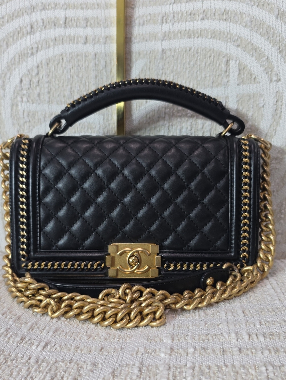 CHANEL Black Quilted Shoulder & Top Handle Bag with Gold Hardware